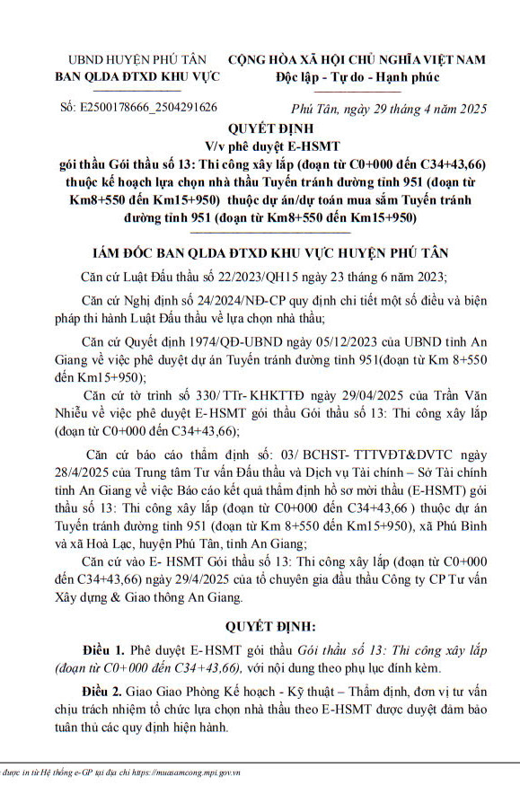 An Giang: Tim don vi thi cong tuyen tranh duong tinh 951