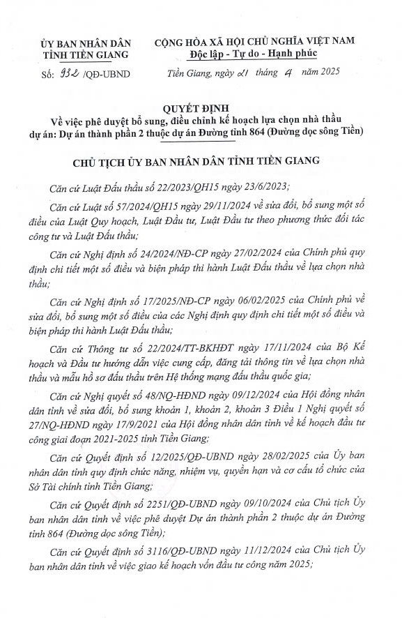 Tien Giang tiep tuc moi thau 2 goi xay lap DA Duong tinh 864