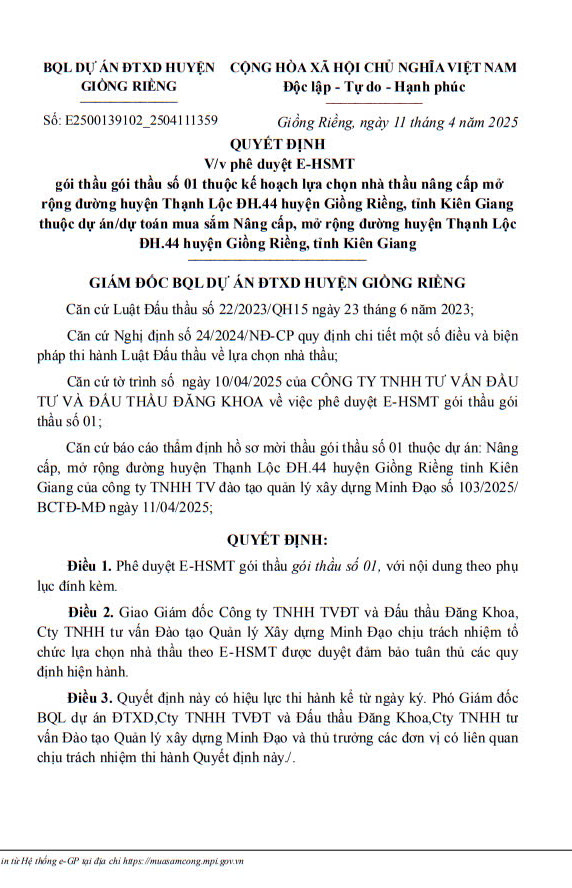 Giong Rieng moi thau goi nang cap tuyen duong DH.44
