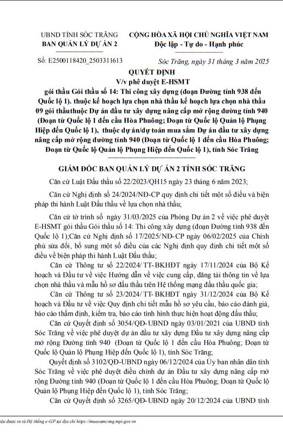 Sóc Trăng: Mời thầu dự án ĐTXD nâng cấp mở rộng đường tỉnh 940 Soc Trang: Moi thau du an DTXD nang cap mo rong duong tinh 940