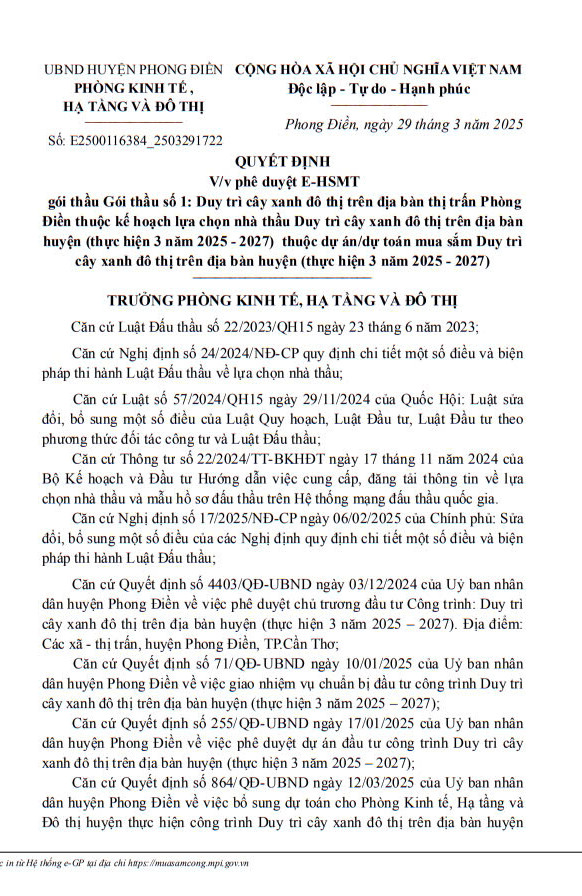 Can Tho: Tim nha thau goi Duy tri cay xanh do thi dia ban huyen Phong Dien