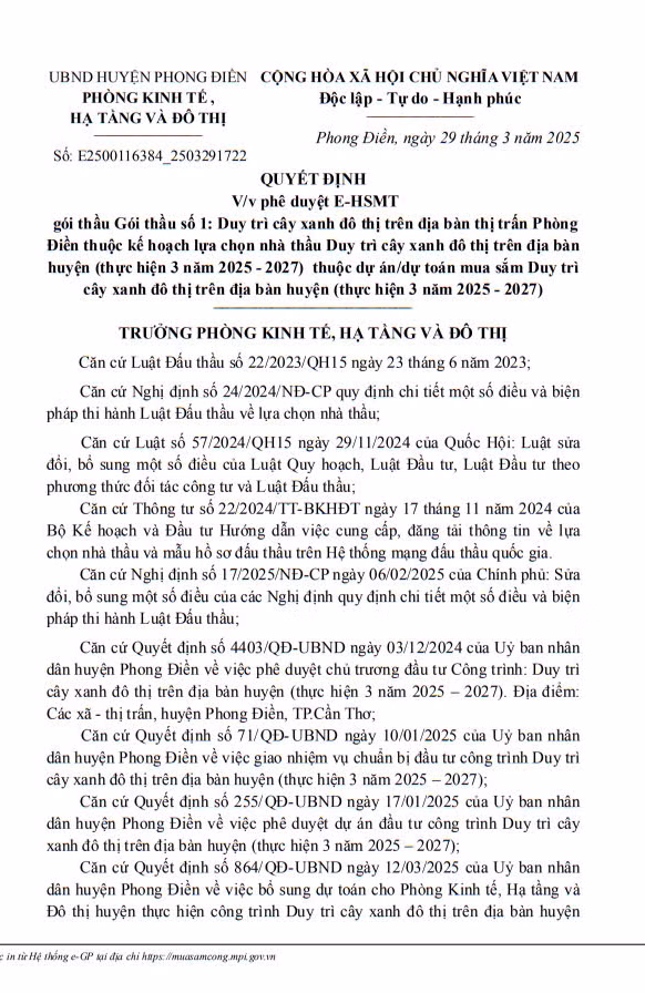 Can Tho: Tim nha thau goi Duy tri cay xanh do thi dia ban huyen Phong Dien