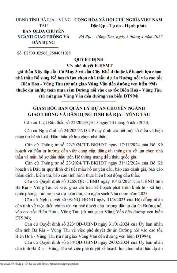 Bà Rịa - Vũng Tàu: Mời thầu gói xây lắp cầu Cỏ May 3 và cầu Cây Khế Ba Ria - Vung Tau: Moi thau goi xay lap cau Co May 3 va cau Cay Khe