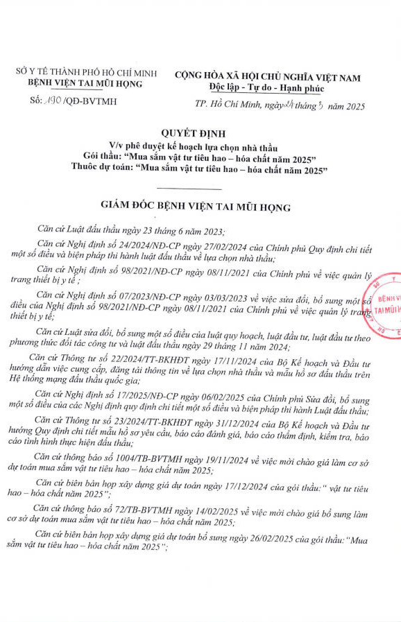 BV Tai Mũi Họng mời thầu gói mua sắm hơn 233 tỷ đồng BV Tai Mui Hong moi thau goi mua sam hon 233 ty dong
