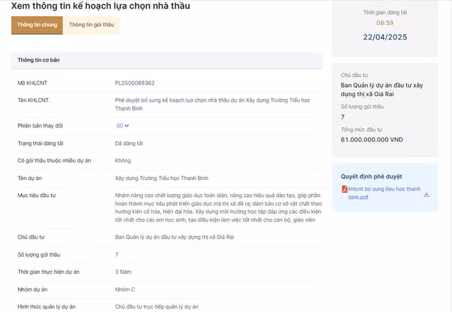 Bac Lieu: Truong Tieu hoc Thanh Binh dang tim nha thau thi cong