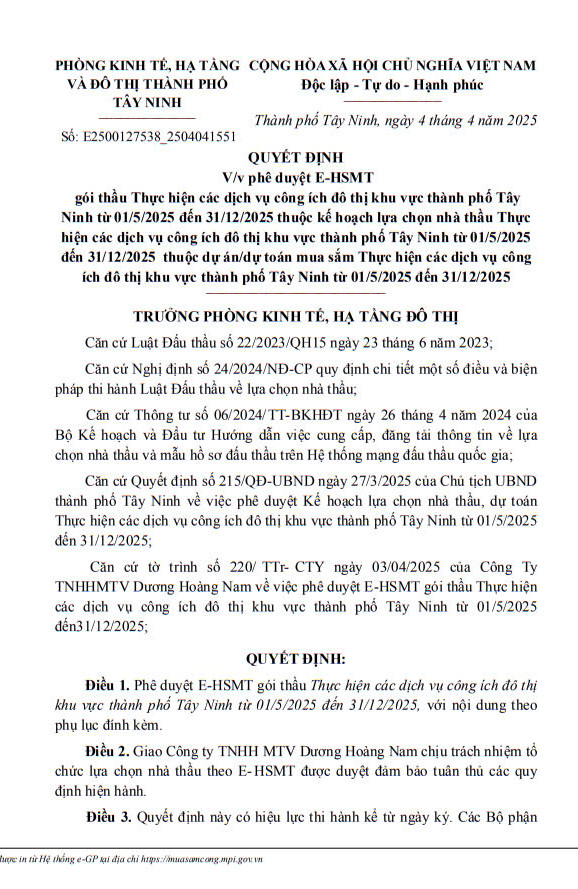 Tay Ninh tim nha thau cho goi dich vu cong ich hon 61 ty