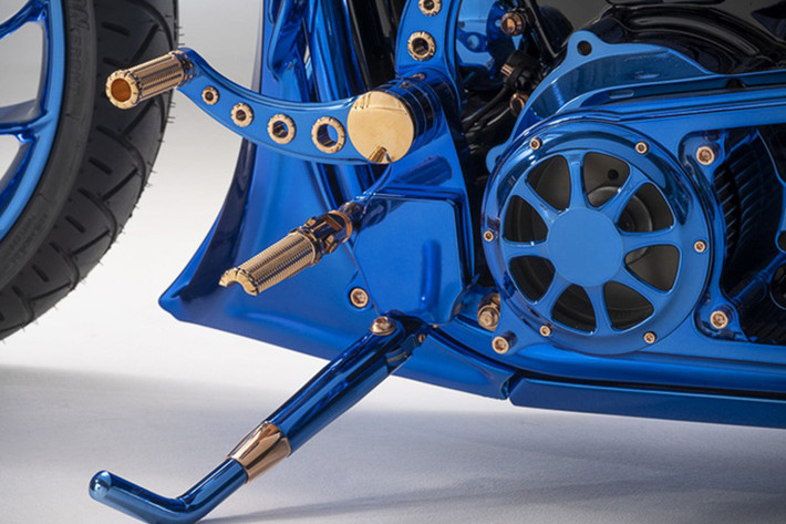 Trục cam, van điều khiển và van tiết lưu được mạ vàng của Harley-Davidson Blue Edition Bucherer tất cả đều được phơi sáng qua đèn LED nhiệt. Xe được gắn thêm túi da bò thật, được đặt may thủ công từ Thụy Sĩ.