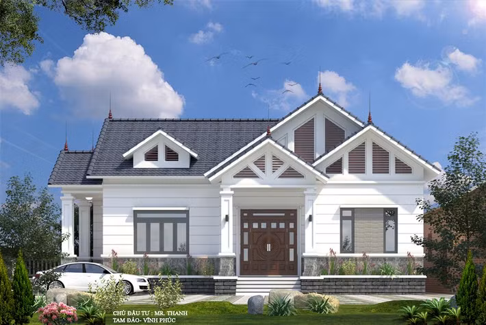 Bậc thang mặt tiền được thiết kế cao thoáng, ốp đá tự nhiên màu nâu tối, giúp thể hiện những đừng nét khoẻ khoắn và bề thế cho nhà cấp 4 hiện đại. Ảnh: Wedo.