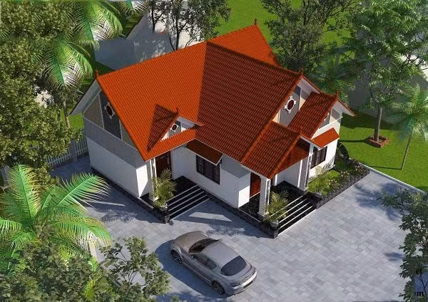 Khối hình chữ A cùng với độ đua, bao phủ rộng, mặt tiền trước được thiết kế theo kiểu giật đối xứng khiến tổng thể ngôi nhà hoành tráng hơn. Ảnh: Wedo.