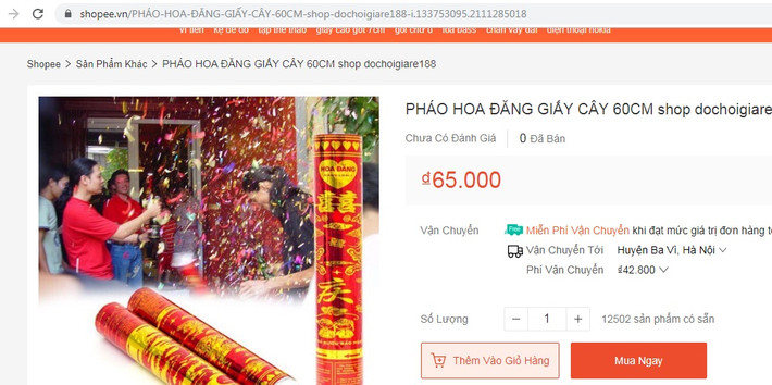 Trong đó, loại pháo hoa đăng giấy có giá rẻ nhất, từ 25.000 - 65.000 đồng/cây. Ảnh chụp màn hình.