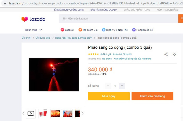 Nếu mua combo 3 quả, giá pháo sáng cổ động trên Lazada chỉ còn 340.000 đồng/combo. Ảnh chụp màn hình.