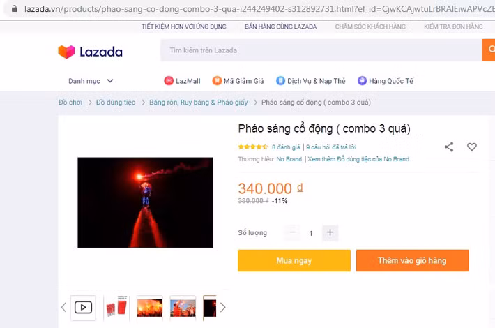 Nếu mua combo 3 quả, giá pháo sáng cổ động trên Lazada chỉ còn 340.000 đồng/combo. Ảnh chụp màn hình.
