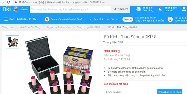 Trên Tiki.vn còn bán bộ kích pháo sáng với giá 900.000 đồng. Sản phẩm này được giới thiệu là tiện dụng trong việc trang trí bắn pháo sáng sân khấu. Ảnh chụp màn hình.