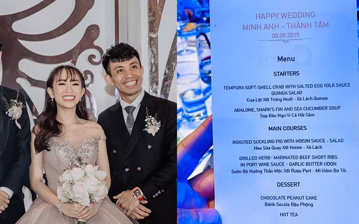 Menu tiệc cưới con gái đại gia Minh Nhựa không quá nhiều món ăn nhưng món nào cũng đều là sơn hào hải vị như: cua lột xốt trứng muối – salad hạt quinoa, súp bào ngư vi cá hải sâm, heo sữa quay xốt hoisin, sườn bò nướng thảo mộc sốt rượu Port (Bồ Đào mỹ tửu), mì Udon bơ tỏi và bánh chocolate đậu phộng. Ảnh: Vnreview.