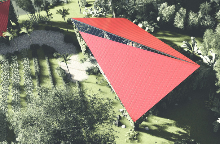 Phần mái nhà tựa như hình cánh diều, gợi nhắc ký ức thời thơ ấu, về những buổi chăn trâu thả diều ngoài triền đê.