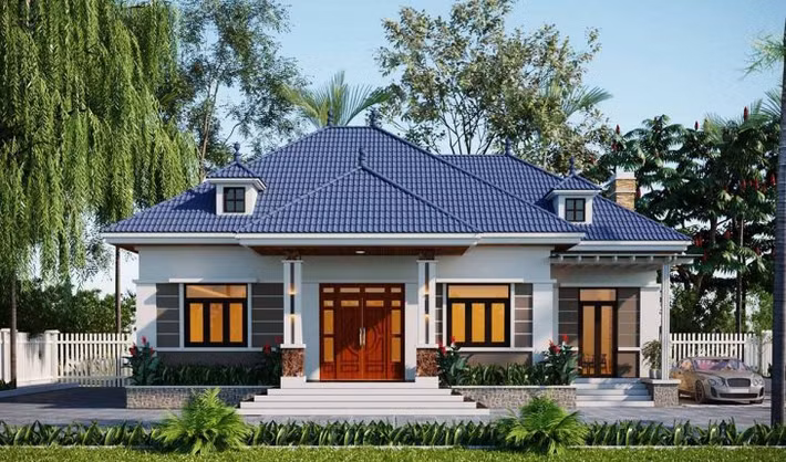 Mẫu nhà vườn 1 tầng 10x15m giá 900 triệu bao gồm 3 phòng ngủ, 1 phòng khách, 1 phòng thờ và 1 phòng bếp. Ảnh: Vtkong.