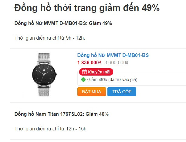 Đồng hồ thời trang cũng giảm sâu tới 49%. Ảnh chụp màn hình. Trên chợ mạng, các nhãn hàng đua nhau giảm giá sốc. Ảnh chụp màn hình.