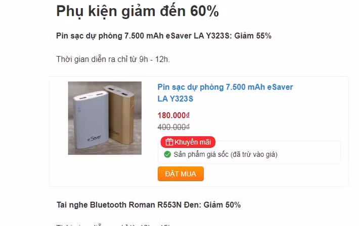 Trên một website siêu thị điện máy, phục kiện điện thoại được giảm đến 60%. Ảnh chụp màn hình.