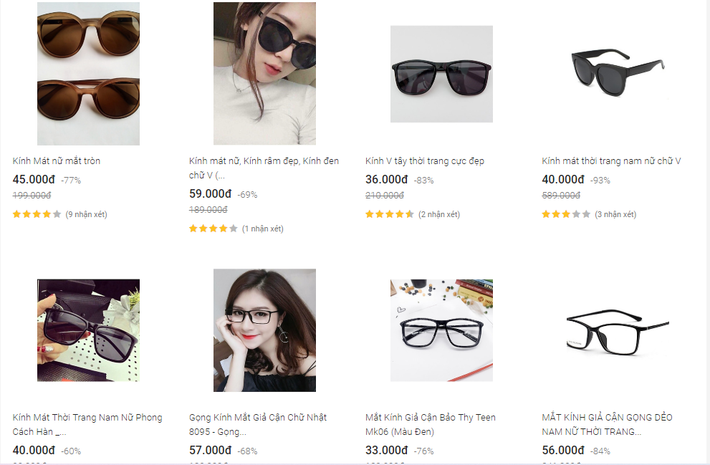 Trên các trang chợ mạng như Tiki, Lazada, Shopee…, thị trườngkính râm giá rẻcũng sôi động không kém. (Ảnh chụp màn hình)