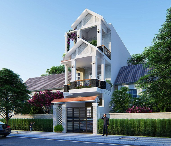 Mẫu nhà phố 3 tầng 5×20 có sân thượng và ban công thoáng rộng. Hình khối kiến trúc kiên cố, màu sắc hài hoà kiểu dáng mặt tiền thanh thoát và có tính thẩm mĩ cao. Ảnh: Wedo.