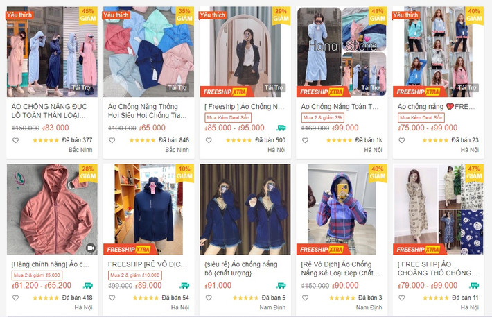 Trên các trang chợ mạng như Shopee, nhiều loại áo chống nắng được giao bán với giá siêu rẻ. (Ảnh chụp màn hình)