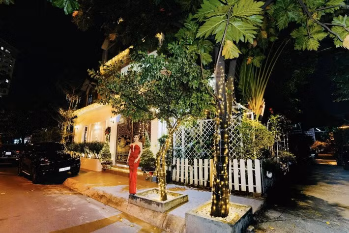 Cây xanh phía trước biệt thự được trang trí bằng dây đèn vàng ấm áp. Ánh sáng từ khung cửa hàng rào khiên nhiều người ngỡ như một ngôi làng Giáng sinh ở Châu Âu. Ảnh: FB Vy Oanh