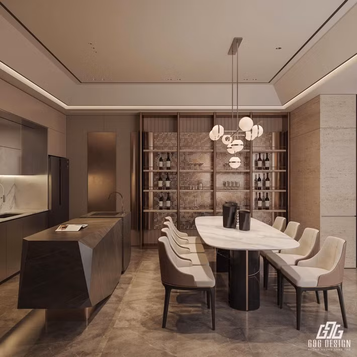 Phòng bếp có kệ tủ to để đựng rượu và ly. Ảnh: 696 Design