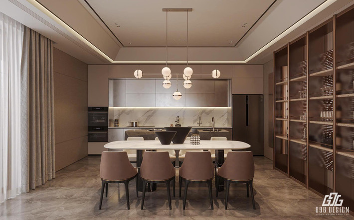 Bàn bếp rộng nhưng vẫn có thêm thiết kế bàn đảo cùng 2 bồn rửa, thuận tiện cho việc nấu nướng. Ảnh: 696 Design