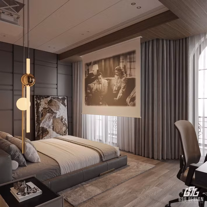 Phòng ngủ của Đoàn Văn Hậu - Doãn Hải My vẫn sử dụng tông kem ấm chủ đạo, tạo cảm giác hài hòa với tổng thể căn nhà. Ảnh: 696 Design