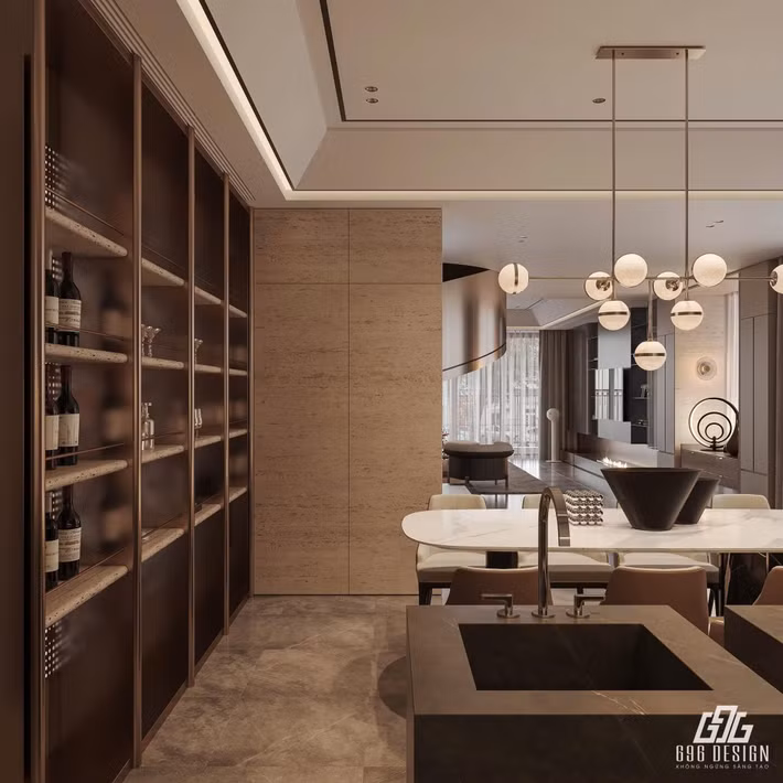 Các thiết bị gia dụng như tủ lạnh, lò nướng... được ưu tiên thiết kế âm tường giúp không gian vốn rộng càng thêm thoáng đãng. Ảnh: 696 Design