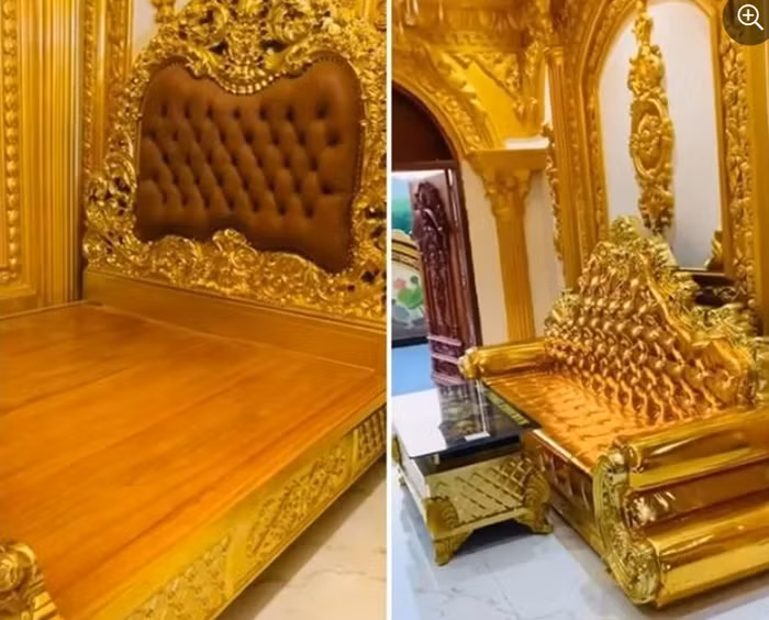 Nhiều nội thất, đồ dùng trong nhà như bàn ghế, đồng hồ... được dát vàng 24k và vàng công nghiệp tỉ mỉ. Ảnh: Facebook