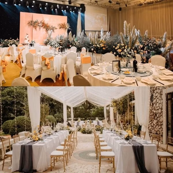 Với vẻ đẹp bao gồm không gian ngoài trời, không gian sảnh cưới và hội trường chính, chi phí tổ chức tại khách sạn Sheraton có thể lên tới 3-5 triệu đồng/ khách mời. Ảnh: FB Sheraton Wedding