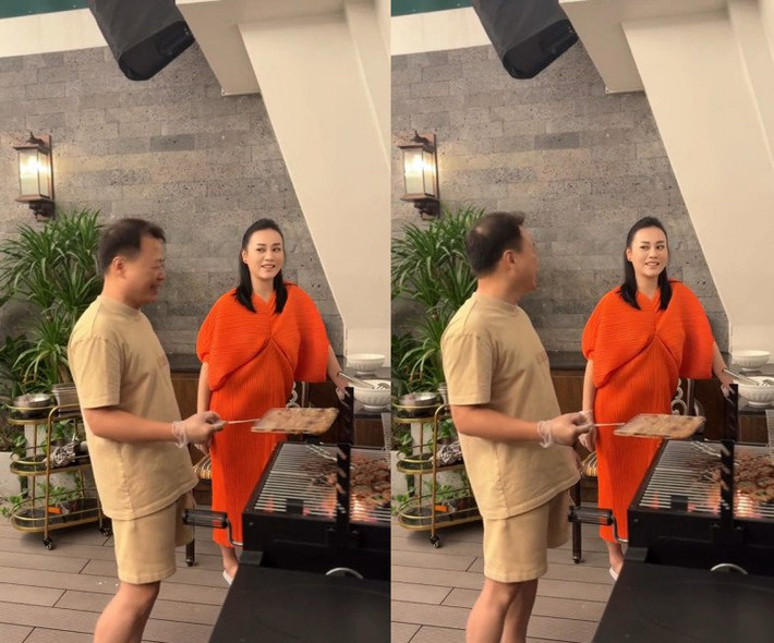 Đáng chú ý, trong clip mới đây, Shark Bình trực tiếp nướng thịt để vợ làm bún chả. Ảnh chụp màn hình