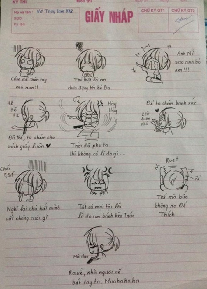 Thậm chí, nhiều bạn thí sinh còn vẽ hẳn 1 câu chuyện tranh bày tỏ đủ cảm xúc của mình ở thời điểm ngồi trong phòng thi.