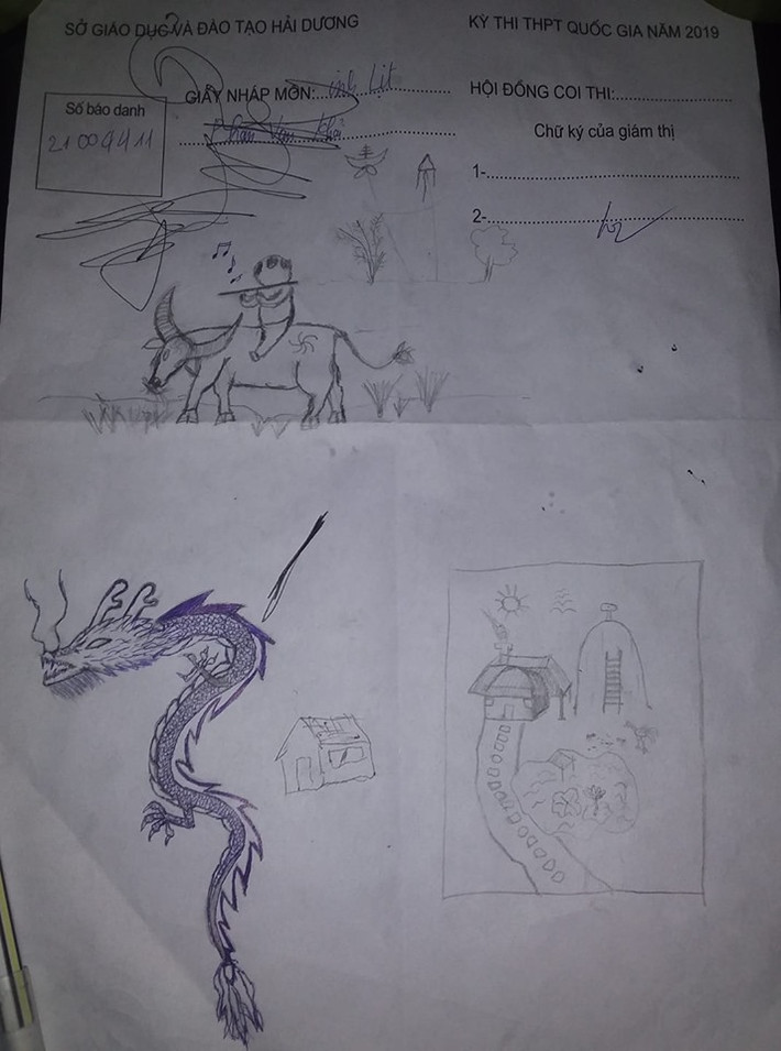Trên 1 fanpage dành riêng cho các bạn học sinh, các dân mạng đã đăng tải những bức ảnh vẽ vào giấy nháp được cho là do các thí sinh của kỳ thi THPT QG 2019 thực hiện.
