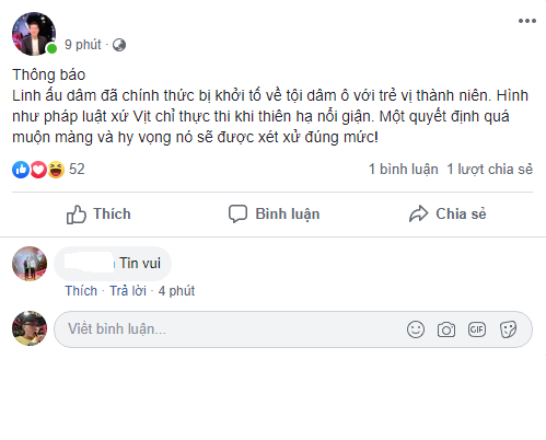 Nhiều dân mạng đã chia sẻ link bài viết của các báo về việc khởi tố vụ án ấu dâm trong thang máy của ông Nguyễn Hữu Linh gây ra với bé gái. Nhiều người cho rằng, đây là điều hoàn toàn chính xác và pháp luật thực sự đang công bằng khi đưa kẻ có tội ra ánh sáng.