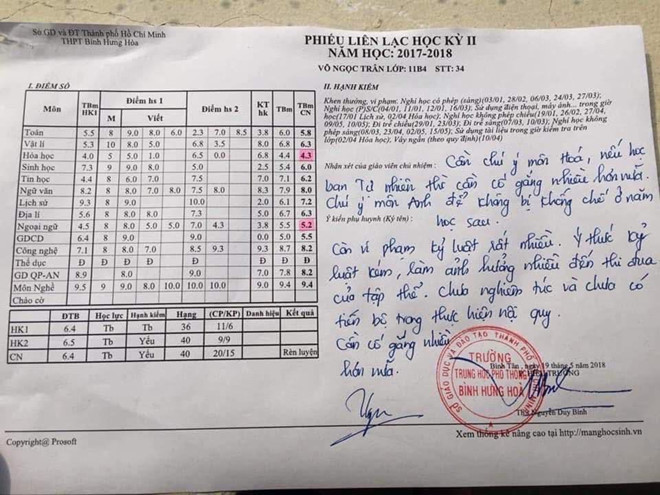 Thông tin Võ Ngọc Trân - nữ sinh hot nhất THPT Bình Hưng Hoà (TP. HCM) lộ bảng điểm thấp khiến những người theo dõi cô chú ý. Theo đó, 10X có học lực cả năm xếp loại trung bình, hạnh kiểm yếu.