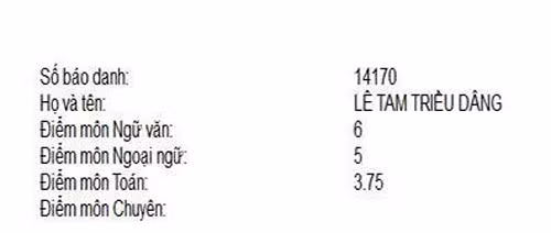 Vốn nổi tiếng trong giới trẻ, bảng điểm thi vào lớp 10 khá thấp của Tam Triều Dâng từng khiến dân tình rất quan tâm. Cụ thể, 9X chỉ đạt tổng 14,75 điểm 3 môn Toán, Văn, Ngoại Ngữ.