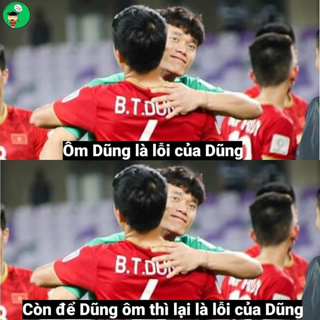 Loạt ảnh chế không thể thiếu những khoảnh khắc hài hước trên sân của các cầu thủ Việt Nam. Khi Dũng thủ môn ôm Dũng trung vệ thì "lỗi" cũng chỉ có thể thuộc về Bùi Tiến Dũng mà thôi.