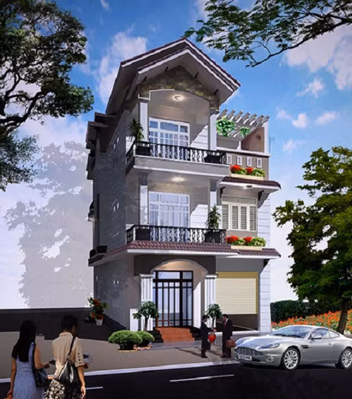 Nhà ống mái thái với thiết kế mặt tiền sang trọng và hiện đại mang giá trị thẩm mỹ cao. Ảnh: Nhaxinhcenter.