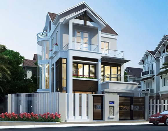 Dù sử dụng tông màu trắng nhưng ngôi nhà không đơn điệu. Những chiếc cột hình khối lớn giúp không gian nhà trở nên kiên cố và vững chắc hơn. Ảnh: Nhaxinhcenter.