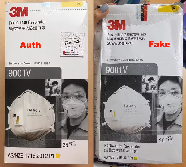 Phần in hình và chữ trên bao bì khẩu trang nhái nhòe mực không rõ nét như hàng thật. Ảnh: T.N.