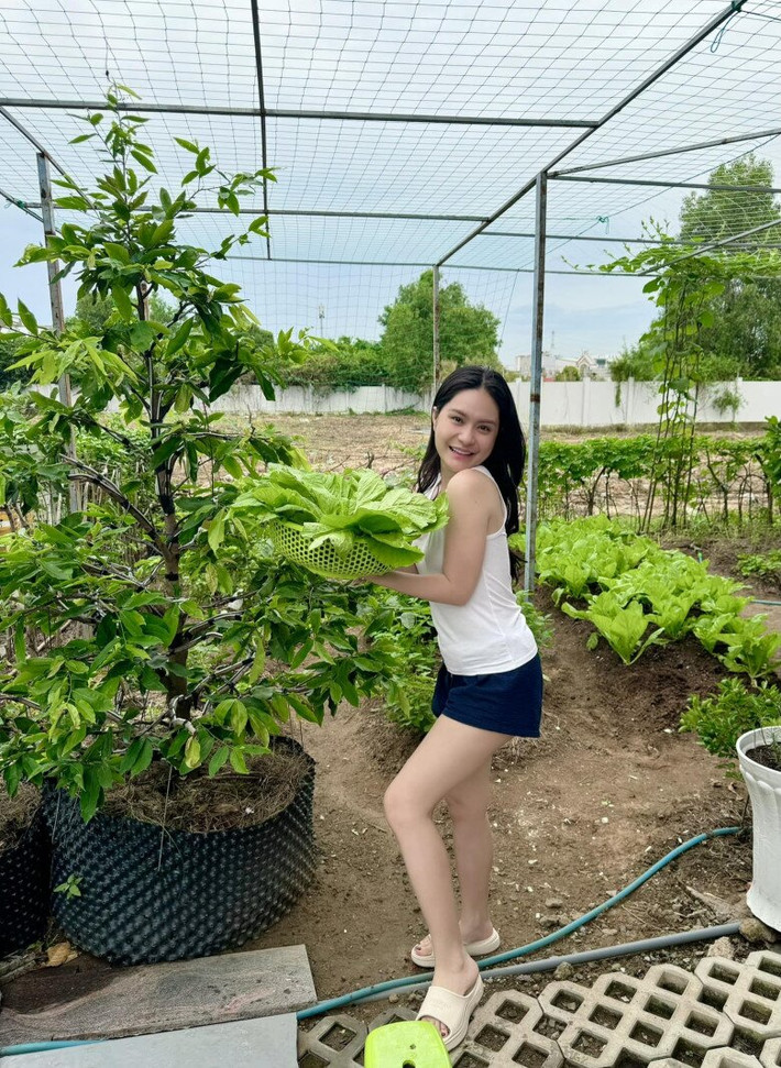 Đoàn Di Băng thích thú khi được thu hoạch rau cải tươi tốt trong vườn. Ảnh: FBNV