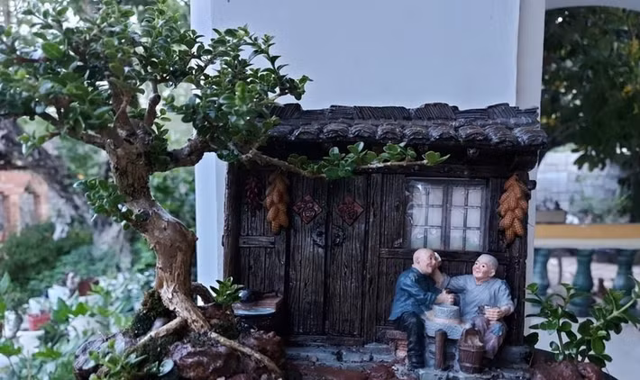 Tác phẩm bonsai mini với chủ đề "tình già". Ảnh: TTXVN