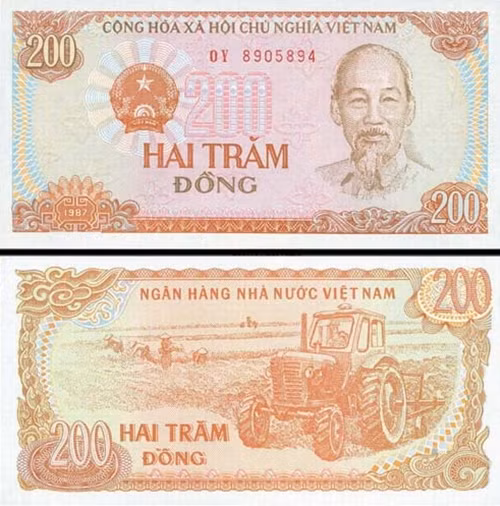 Tờ 200 đồng phát hành năm 1987, có kích thước 130mm x 65mm, có màu nâu đỏ tổng thể. Ảnh: Facebook