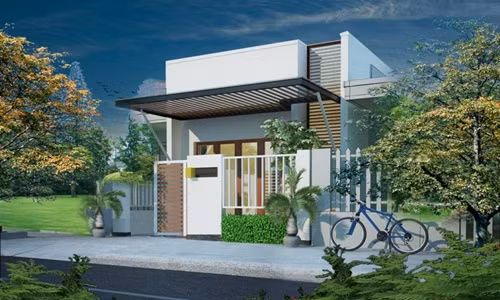 Mái che ngoài hiên vừa giúp che nắng vừa tạo điểm nhấn cho ngôi nhà. Ảnh: Nhadepsang.