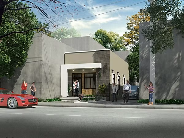 Với 75m2, nhà 1 tầng bao gồm phòng khách kết hợp thờ, phòng bếp và ăn, 2 phòng ngủ và 1 phòng vệ sinh chung. Ảnh: Ecothanglong.