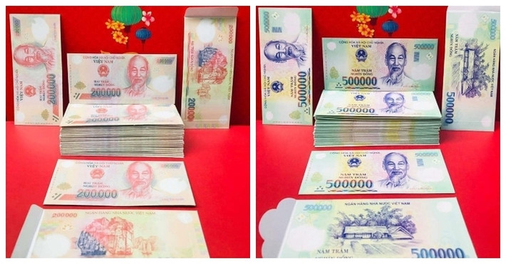 Thị trường bao lì xì Tết năm nay còn có loại in hình tiền Việt các loại mệnh giá 500.000 đồng, 200.000 đồng, 100.000 đồng...Tuy nhiên, mẫu bao lì xì này đang bị xem là vi phạm pháp luật, người tiêu dùng được khuyến cáo không nên mua. Ảnh: Facebook.