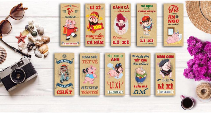 Cùng với hình ảnh chú heo ngộ nghĩnh, trên bao lì xì còn có các câu nói mang ý nghĩa vui nhộn, trẻ trung...Ảnh: Facebook.