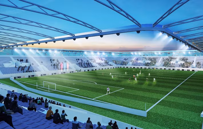 Các khán đài có mái che. Bên ngoài là những tấm ốp được từ kim cương mờ. Ảnh: StadiumDB.